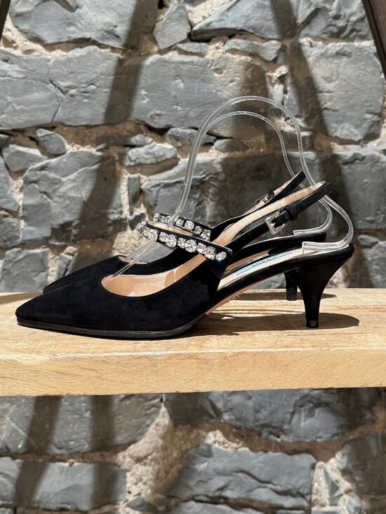 Prada Black Suede Crystal Embellished Slingback Pumps - Picture 6 of 11